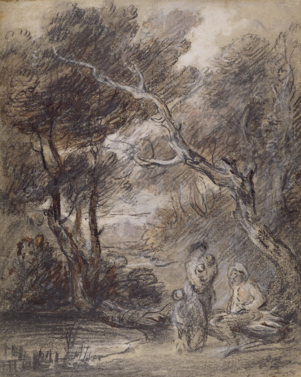树木繁茂的景观，含人物，c.1788年（粉笔，水洗和纸上水粉） 作者 托马斯·盖恩斯伯勒