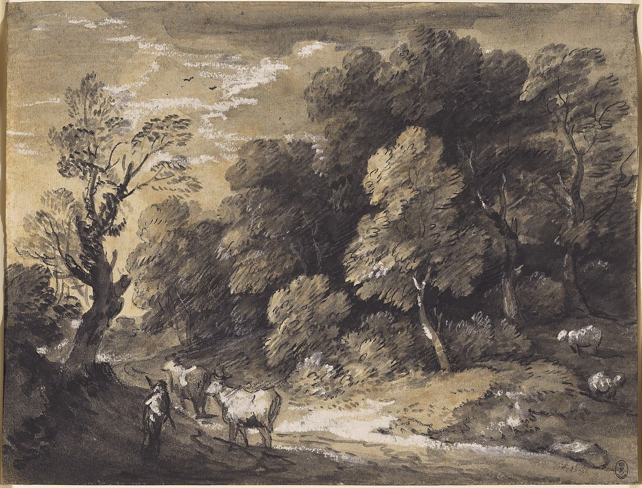与牧民和牛的树木繁茂的景观，c.1775-80（黑色粉笔和灰黑色洗涤，在打好的纸上用白色水粉加高） 作者 托马斯·盖恩斯伯勒