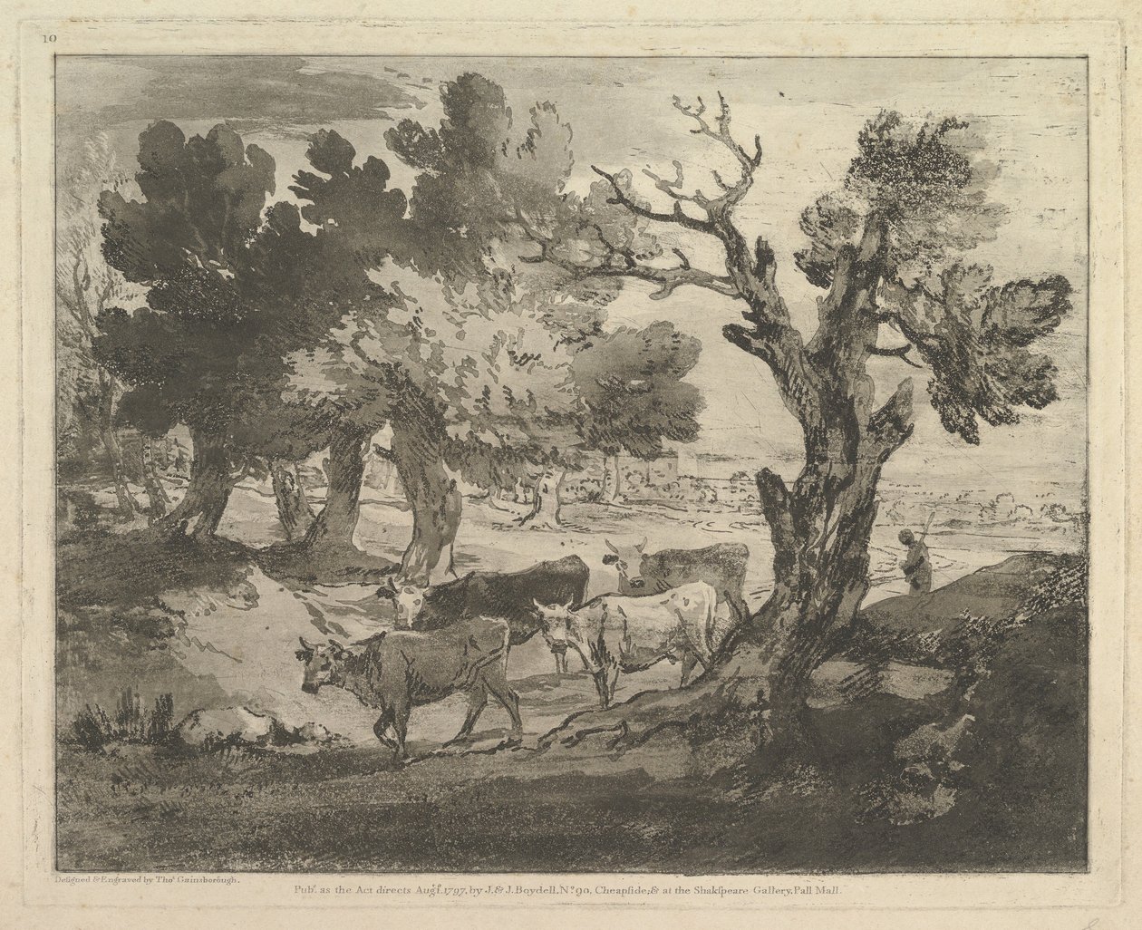 牧民和牛的树木繁茂的风景，1797年8月1日。 作者 托马斯·盖恩斯伯勒