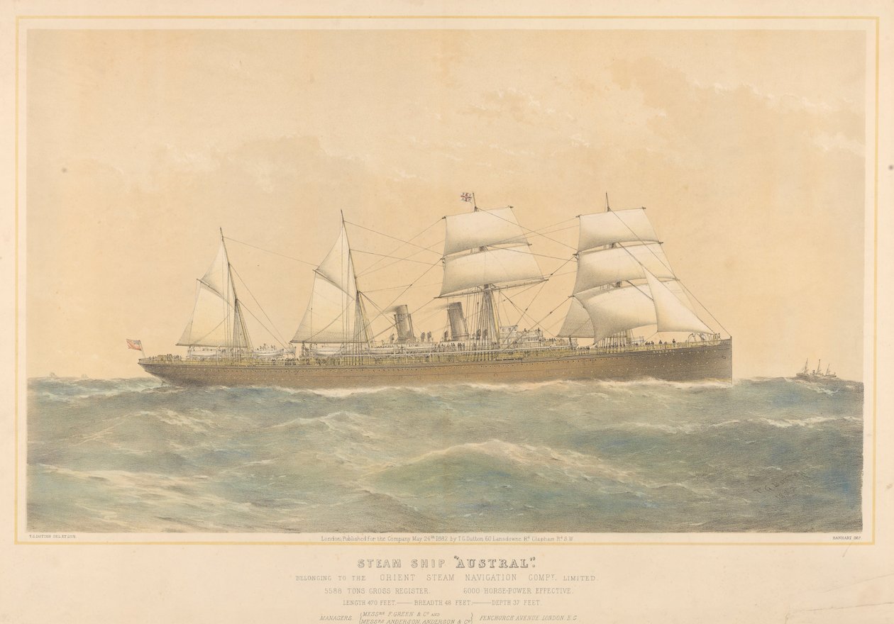属于东方蒸汽航海有限公司的蒸汽船 Austral，约 1868-74 年（彩色石版画） 作者 托马斯·戈德沃斯·达顿