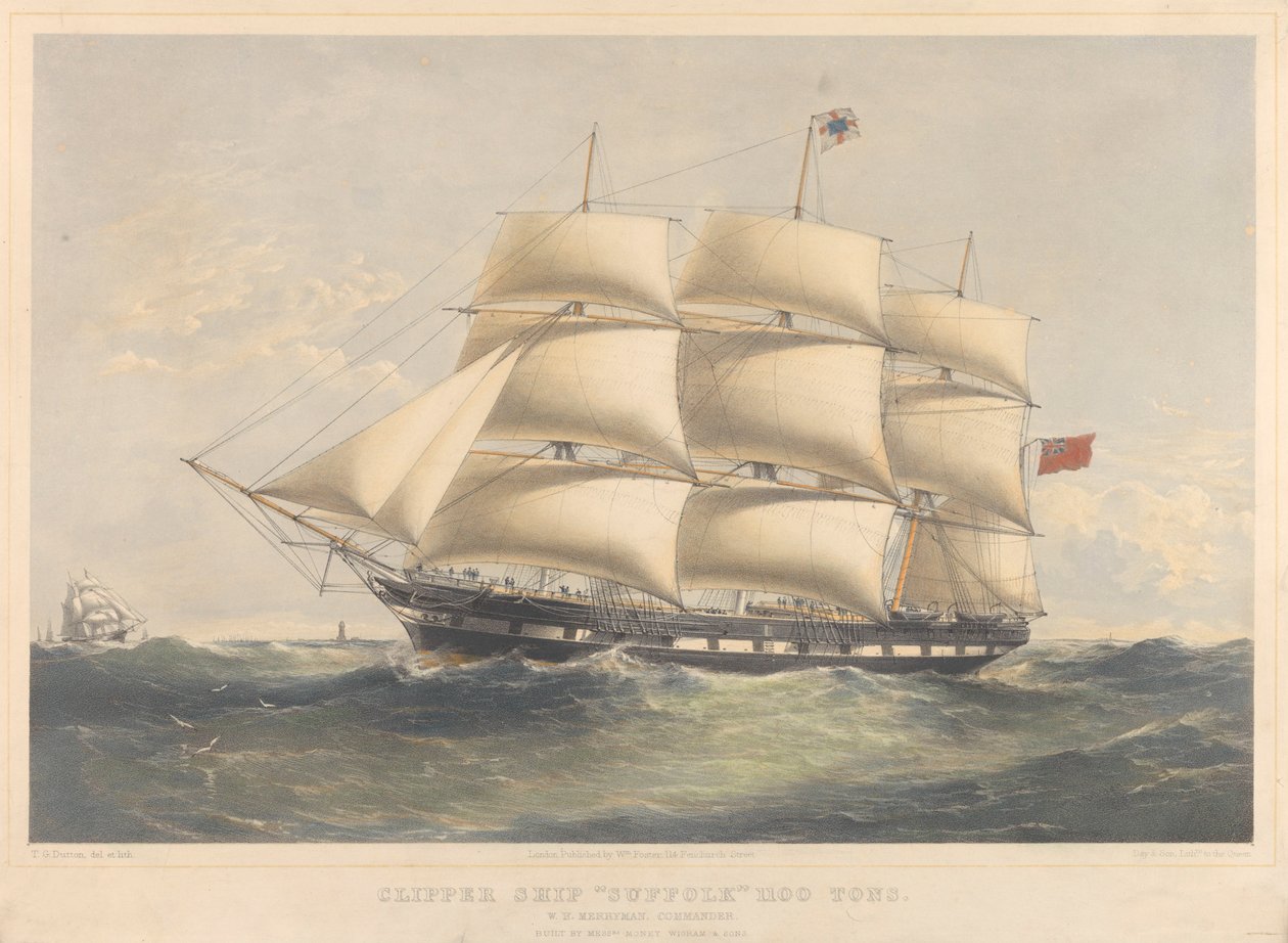 Clipper ship Suffolk 1100 Tons，约 1857-60 年（石版画，彩色） 作者 托马斯·戈德沃斯·达顿
