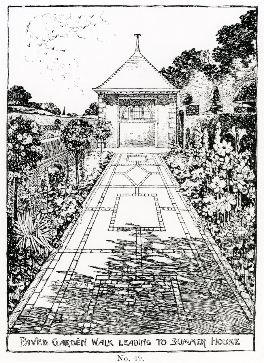 从托马斯·莫森（Thomas Mawson）的“花园制作的艺术与手工艺品”（The Art and Craft of Garden Making）中走出来的花园步道通往避暑别墅，于1900年出版 作者 托马斯·海顿·莫森