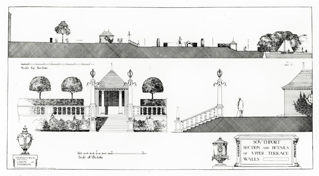 绍斯波特：托马斯·莫森（Thomas Mawson）的“城市规划研究”（Research in Town Planning）于1911年出版的上层露台和墙壁的剖面和细节 作者 托马斯·海顿·莫森