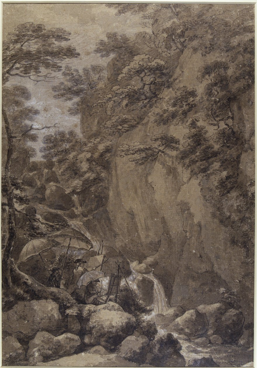 乔治·博蒙特爵士和约瑟夫·法林顿爵士画了一幅瀑布，1777年（笔和墨水在纸上洗） 作者 托马斯·赫恩