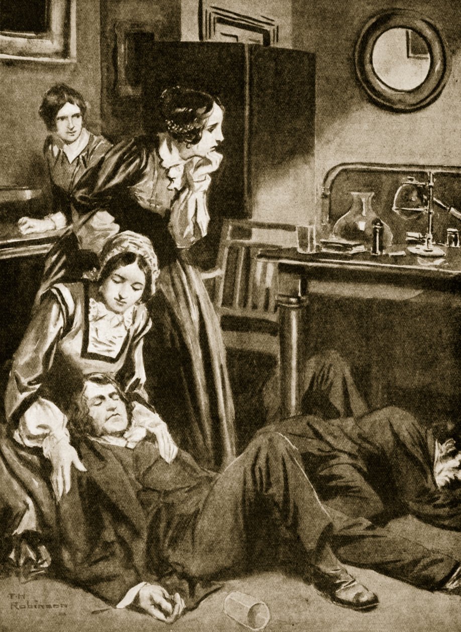 詹姆斯-辛普森和他的助手发现氯仿，1847 年 11 月（石版画） 作者 汤玛斯·希思·罗宾逊