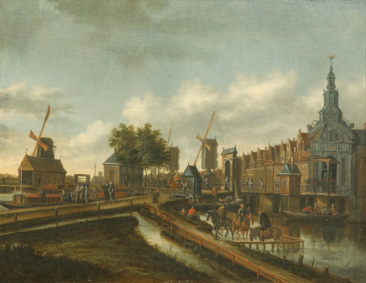 阿姆斯特丹的“哈勒默默·波特”（Haarlemmer Poort），上面有道路和船上的人物（布面油画） 作者 托马斯·海勒曼斯