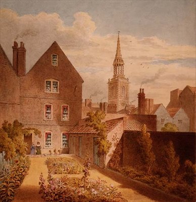 Upcott先生的房子和花园以及远处的Islington教堂的景色，约1835年（纸上水彩）。 作者 托马斯·霍斯默牧羊人