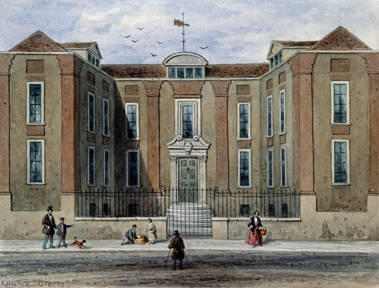古老的大厦，称为Pitchett Hall，位于Union St.的南侧，南面，1828年 作者 托马斯·霍斯默牧羊人