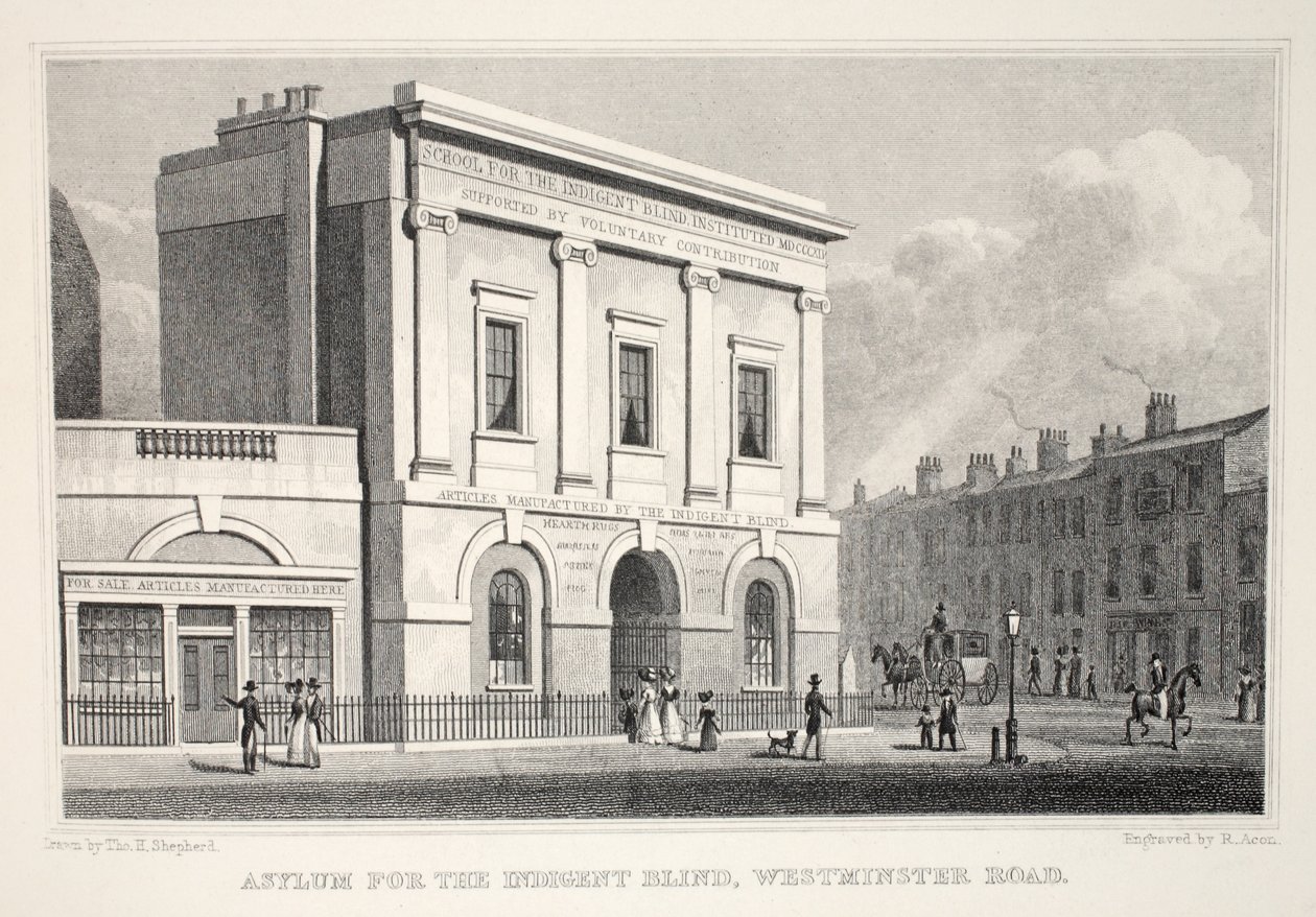Indigent Blind，Westminster Road的避难所，来自&39;伦敦及其十九世纪的环境&39;酒吧。 Jones und Co.，1827-1829 作者 托马斯·霍斯默牧羊人