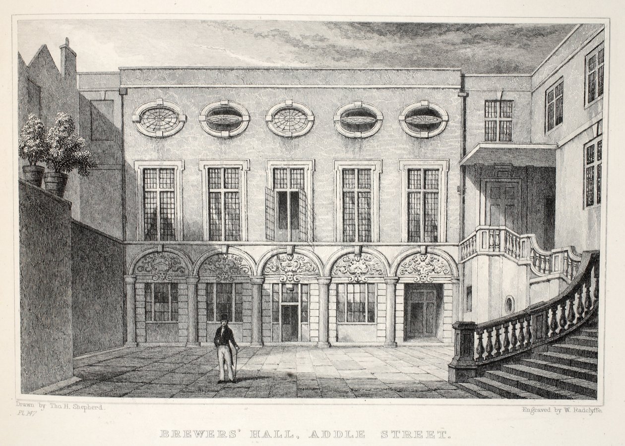 Brewer&39;s Hall，Addle Street，来自伦敦及其位于19世纪酒吧的环境。 Jones und Co.，1827-1829 作者 托马斯·霍斯默牧羊人