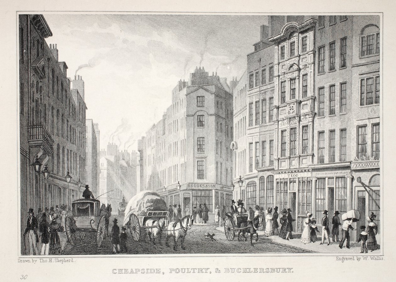 Cheapside，Poultry和Bucklersbury，来自&39;伦敦及其十九世纪的环境&39;酒吧。 Jones und Co.，1827-1829 作者 托马斯·霍斯默牧羊人
