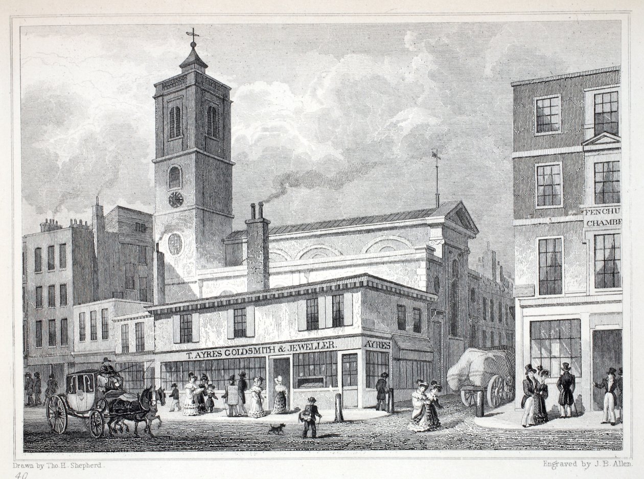 Backchurch的St Dionis教堂，来自&39;伦敦及其十九世纪的环境&39;酒吧。 Jones und Co.，1827-1829 作者 托马斯·霍斯默牧羊人