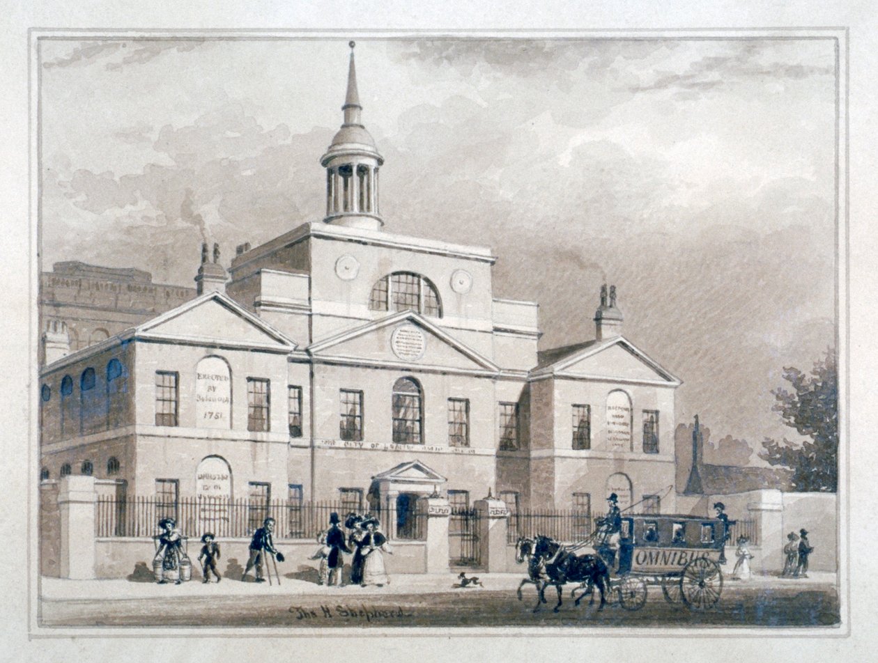 伦敦市疗养医院，伦敦芬斯伯里市路，约1827年。      作者 托马斯·霍斯默牧羊人