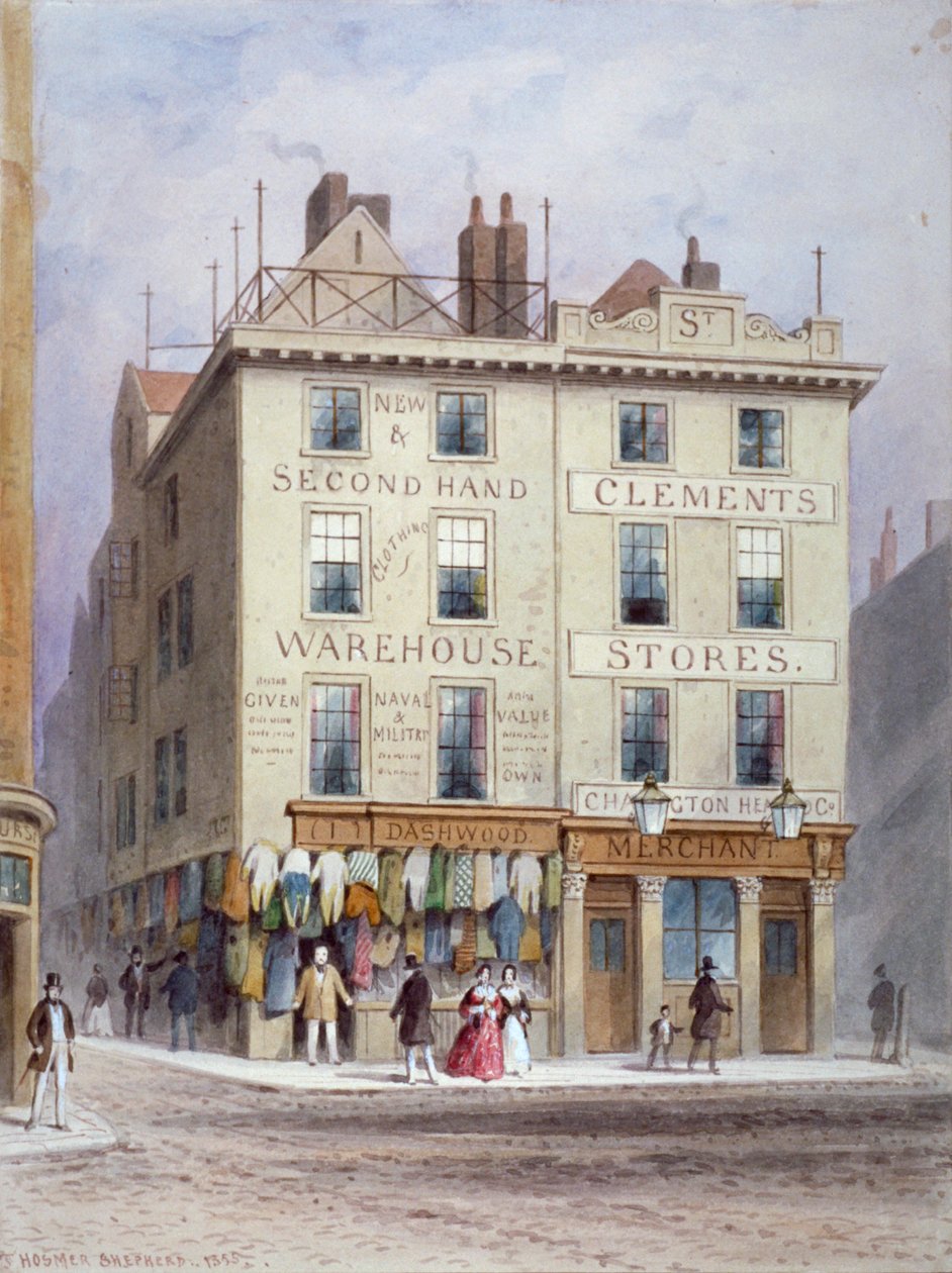 位于伦敦威斯敏斯特Holywell街和Wych街交界处的克莱门特商店，1855年。       作者 托马斯·霍斯默牧羊人