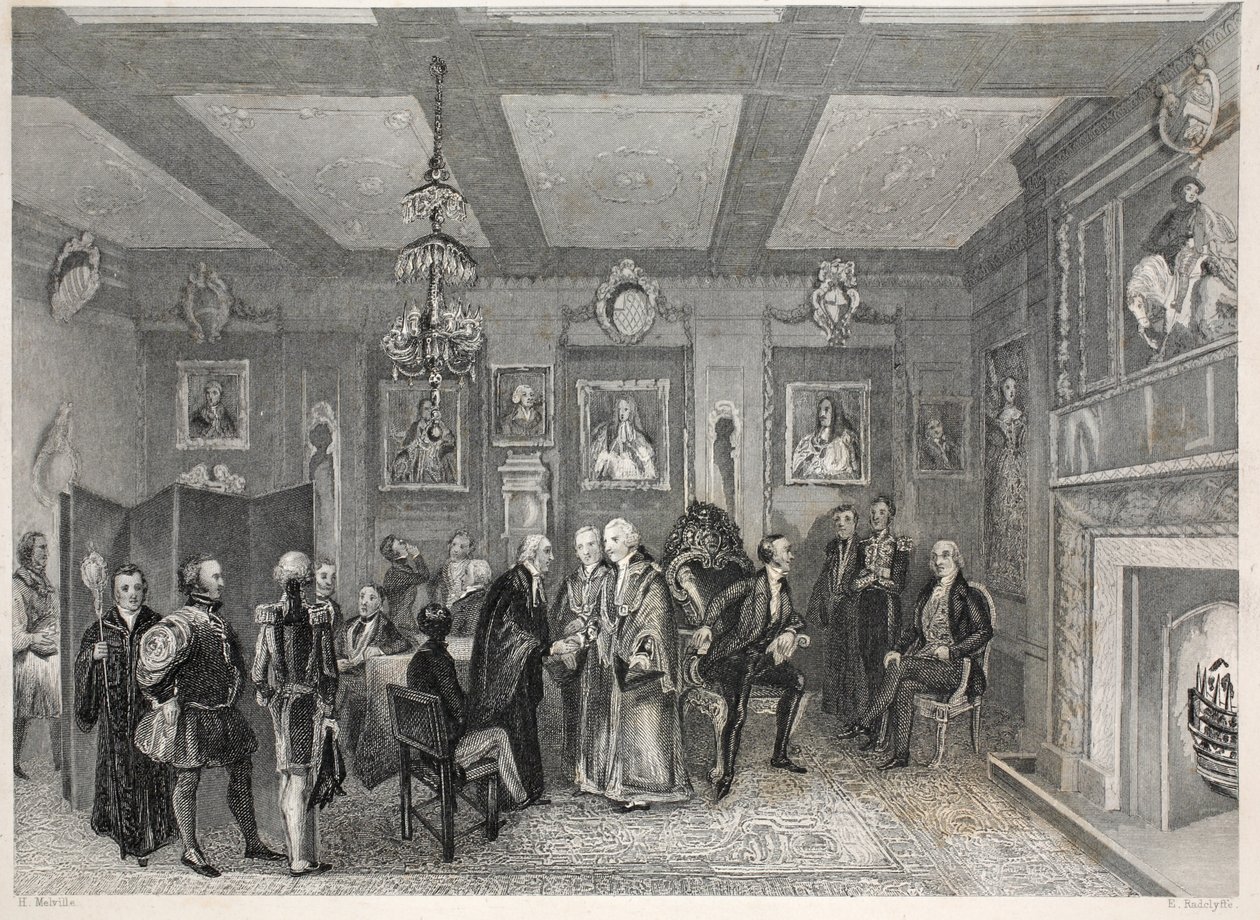 议会厅，Vintner&39;s Hall，来自“伦敦室内设计及其服装和仪式”酒吧。 Joseph Mead，伦敦，c.1843（钢版画） 作者 托马斯·霍斯默牧羊人