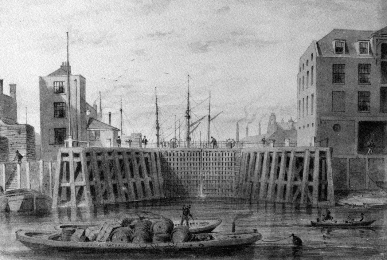 1850年Limehouse码头入口（笔，墨水和纸上洗） 作者 托马斯·霍斯默牧羊人