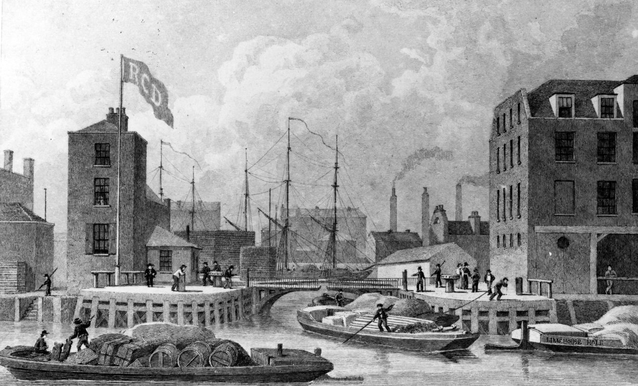 1828年由FJ Havell雕刻的摄政运河Limehouse入口 作者 托马斯·霍斯默牧羊人