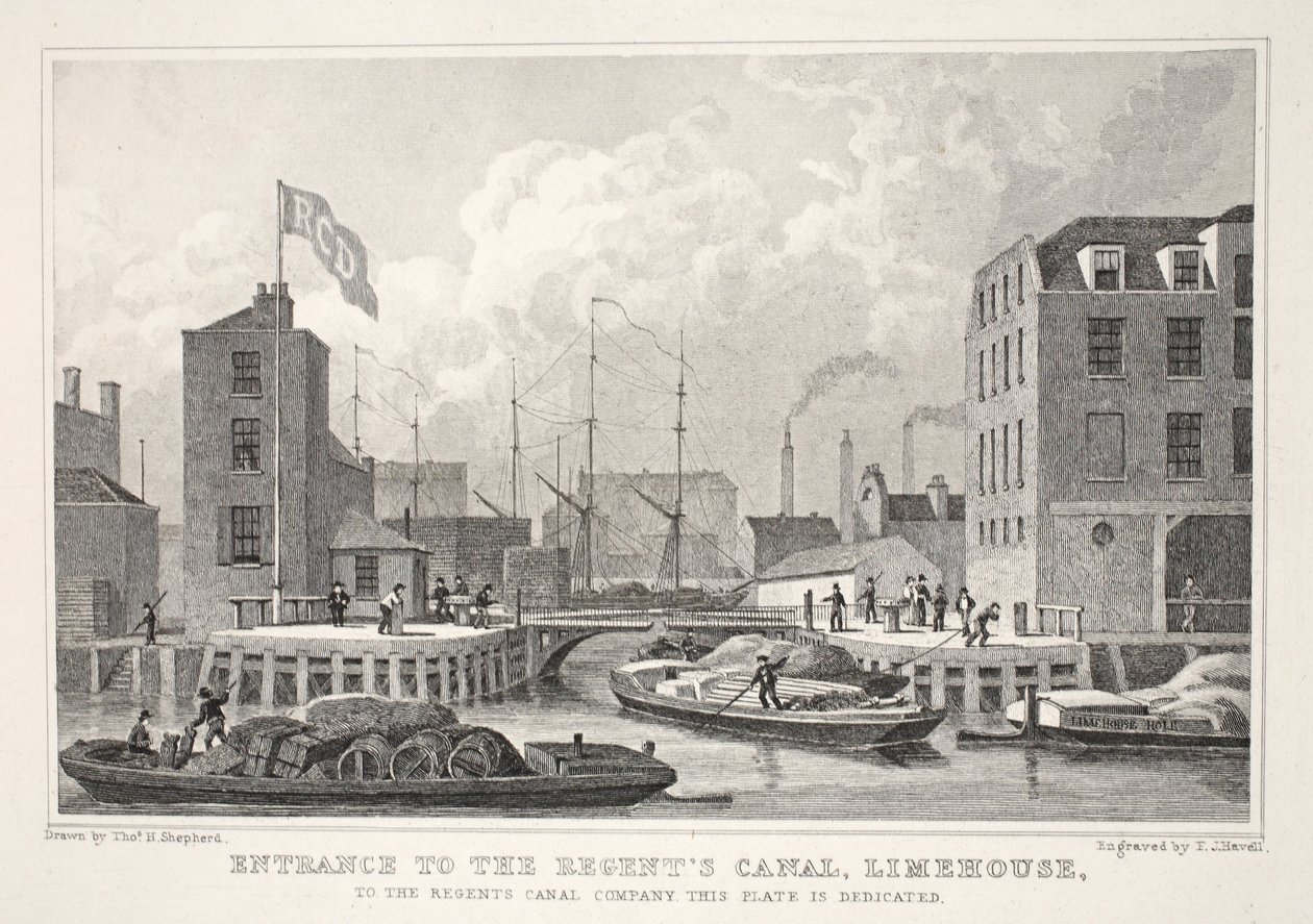 进入摄政运河Limehouse，从&39;伦敦及其在十九世纪的环境&39;酒吧。 Jones und Co.，1827-1829 作者 托马斯·霍斯默牧羊人
