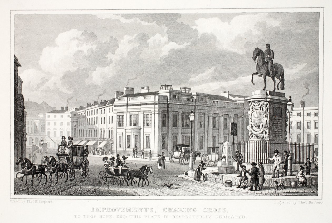 Charing Cross的改进，来自&39;伦敦及其十九世纪的周边&39;酒吧。 Jones und Co.，1827-1829 作者 托马斯·霍斯默牧羊人