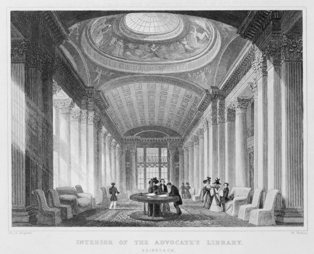 1831年William Watkins雕刻的爱丁堡倡导者图书馆内部（雕刻）（bw照片） 作者 托马斯·霍斯默牧羊人