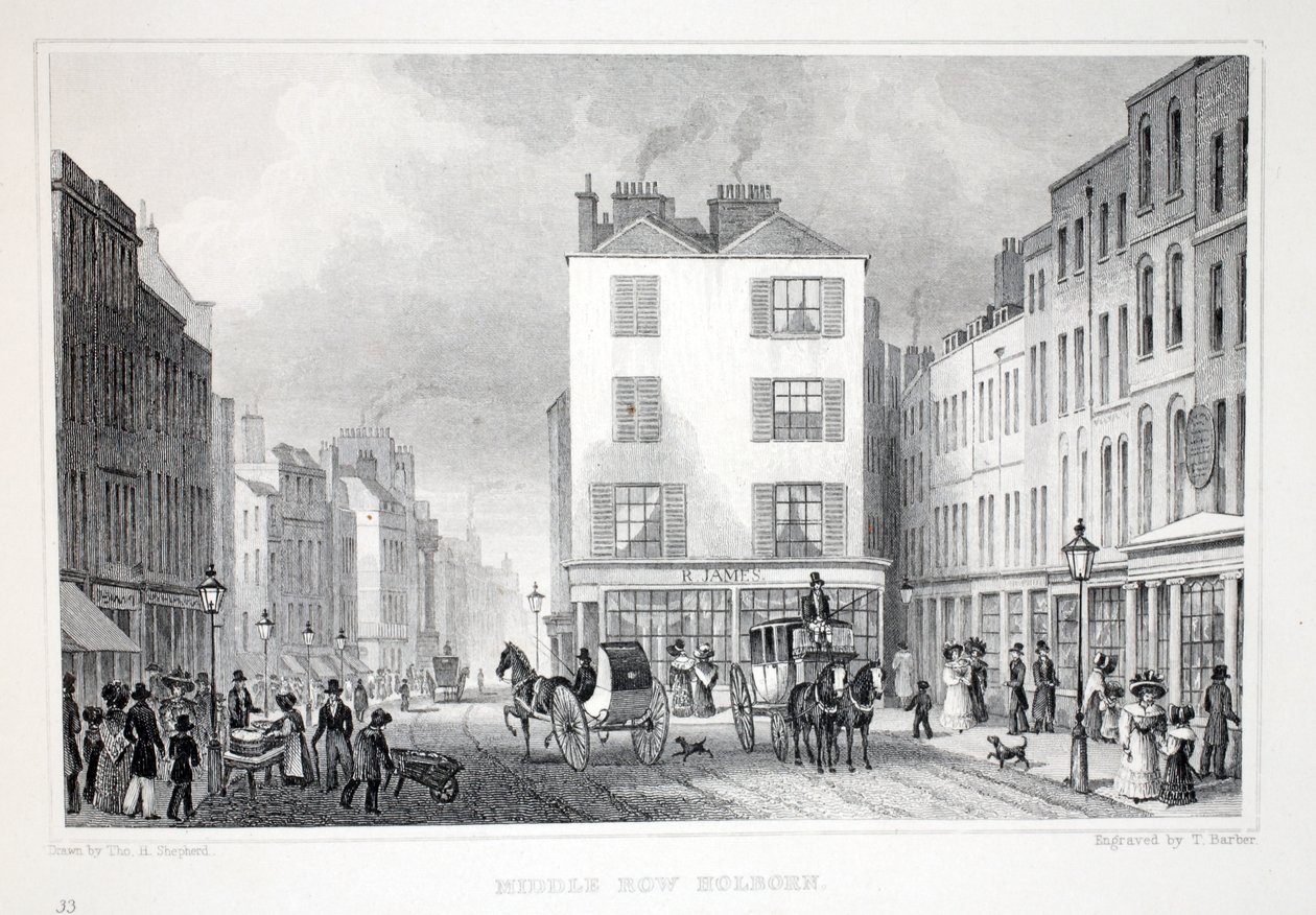Middle Row，Holborn，来自&39;伦敦及其十九世纪的周边&39;酒吧。 Jones und Co.，1827-1829 作者 托马斯·霍斯默牧羊人