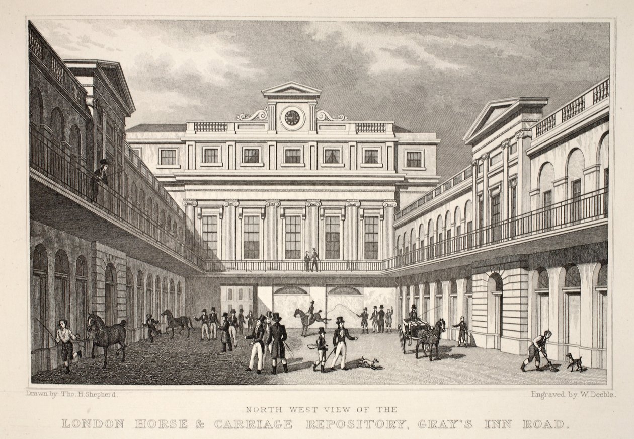 NW View of the London Horse and Carriage Repository，Gray&39;s Inn Road，from the London and it&39;s Environs in the Nine Century&39;pub。 Jones und Co.，1827-1829 作者 托马斯·霍斯默牧羊人