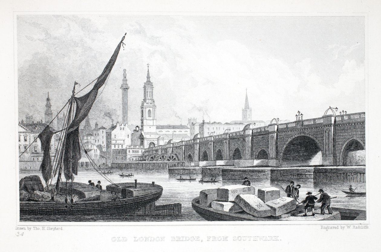 旧伦敦桥，来自Southwark，来自&39;伦敦及其在十九世纪的环境&39;酒吧。 Jones und Co.，1827-1829 作者 托马斯·霍斯默牧羊人