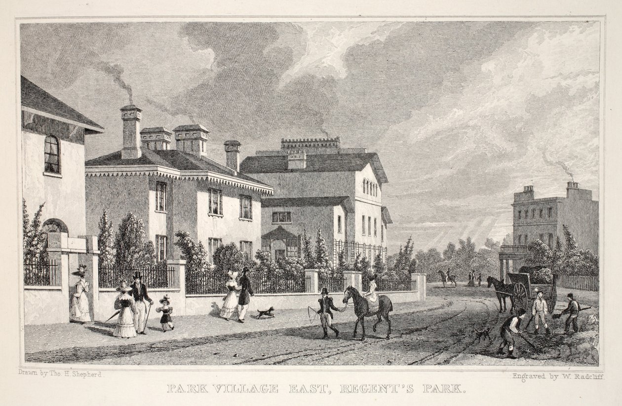 Park Village East，Regent&39;s Park，来自&39;伦敦及其位于十九世纪的环境&39;酒吧。 Jones und Co.，1827-1829 作者 托马斯·霍斯默牧羊人