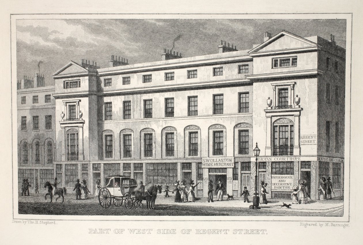 摄政街西侧的一部分，来自“伦敦及其十九世纪的环境”酒吧。 Jones und Co.，1827-1829 作者 托马斯·霍斯默牧羊人