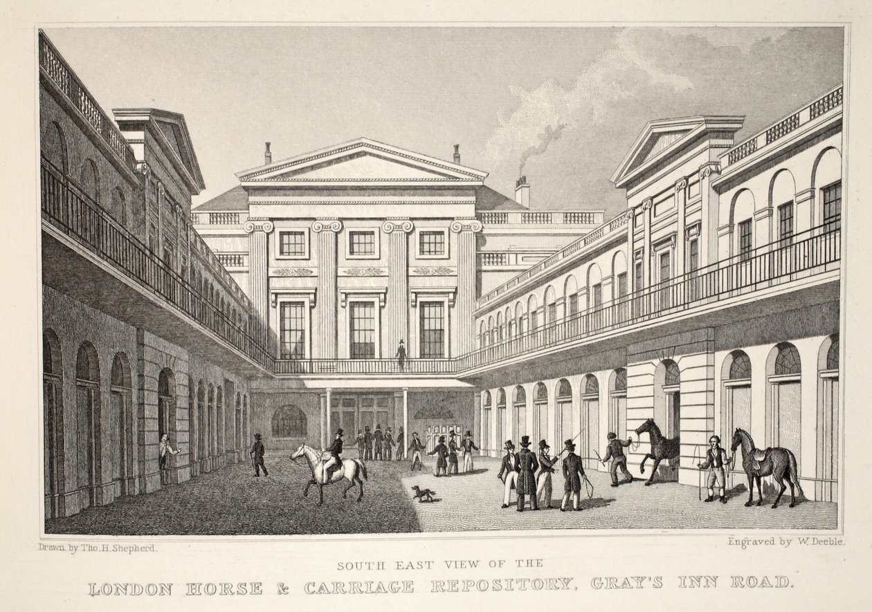 SE View of the London Horse and Carriage Repository，Gray&39;s Inn Road，from the London and it&39;s Environs in the Nine Century&39;pub。 Jones und Co.，1827-1829 作者 托马斯·霍斯默牧羊人