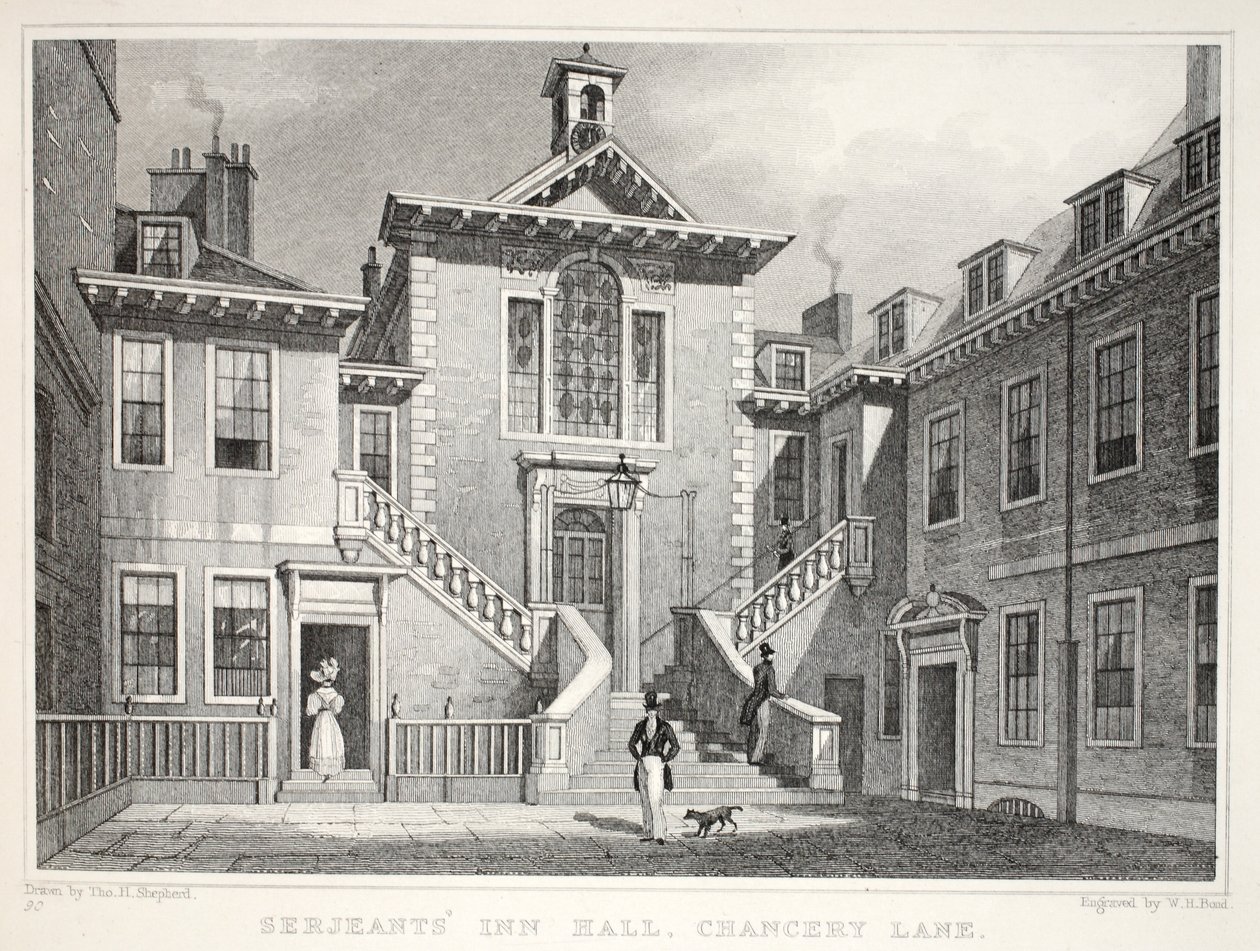 Serjeant&39;s Inn，Chancery Lane，来自&39;伦敦及其位于十九世纪的环境&39;酒吧。 Jones und Co.，1827-1829 作者 托马斯·霍斯默牧羊人