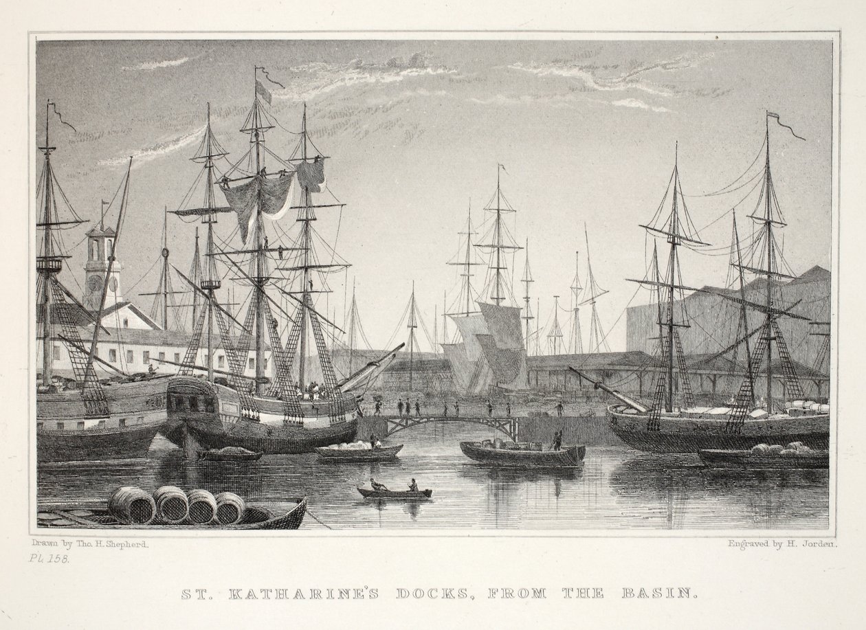 St Katherine码头，来自盆地，塔楼，伦敦及其位于十九世纪酒吧的环境。 Jones und Co.，1827-1829 作者 托马斯·霍斯默牧羊人