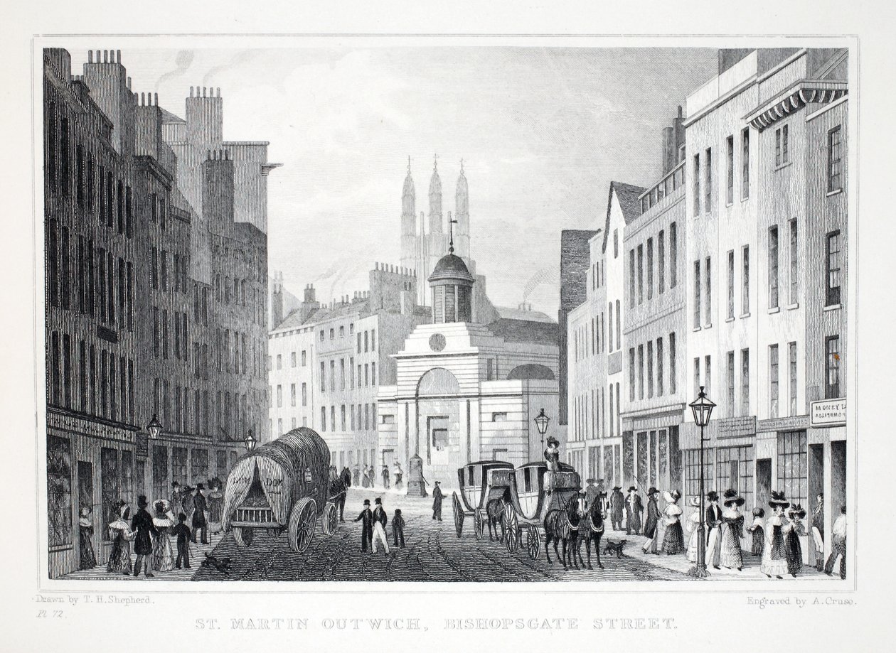 St Martin Outwich，Bishopsgate Street，来自伦敦，它是十九世纪酒吧的周边地区。 Jones und Co.，1827-1829 作者 托马斯·霍斯默牧羊人