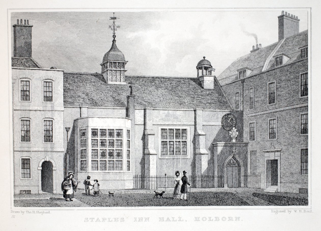 Staples&39;Inn，Holborn，来自&39;伦敦及其十九世纪的环境&39;酒吧。 Jones und Co.，1827-1829 作者 托马斯·霍斯默牧羊人