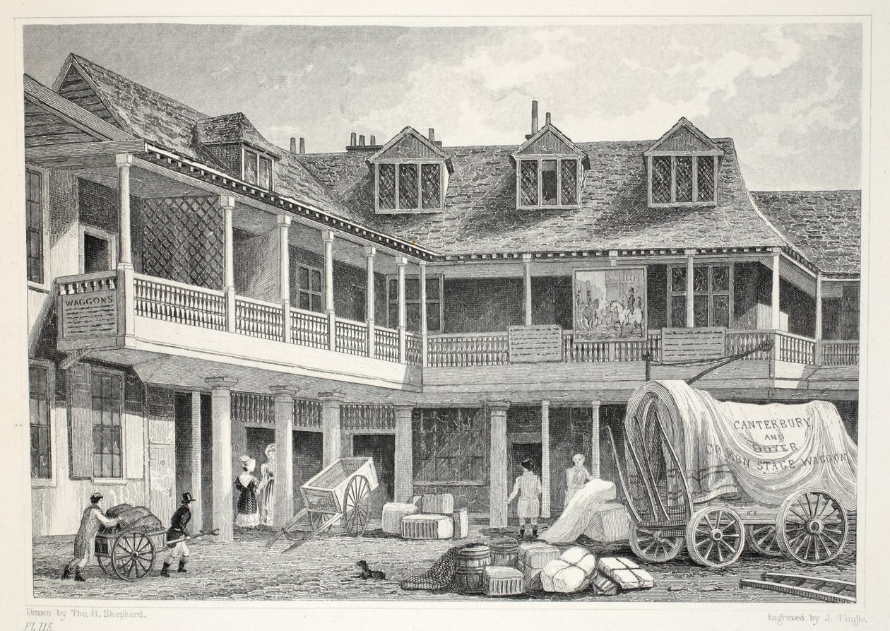 Southwark的Talbot Inn酒店位于&39;伦敦及其十九世纪的环境&39;酒吧内。 Jones und Co.，1827-1829 作者 托马斯·霍斯默牧羊人