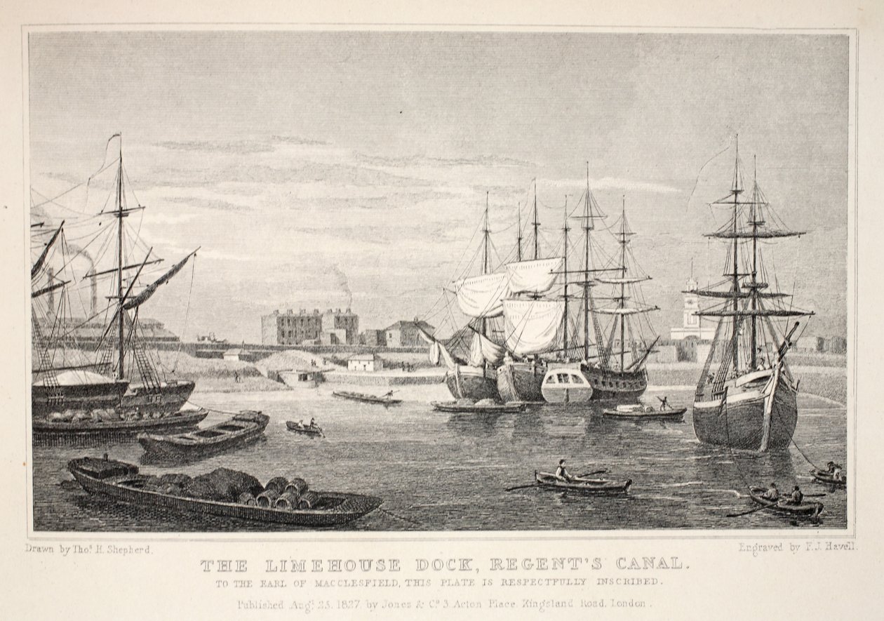 Limehouse码头，摄政运河，来自&39;伦敦及其在十九世纪的环境&39;酒吧。 Jones und Co.，1827-1829 作者 托马斯·霍斯默牧羊人