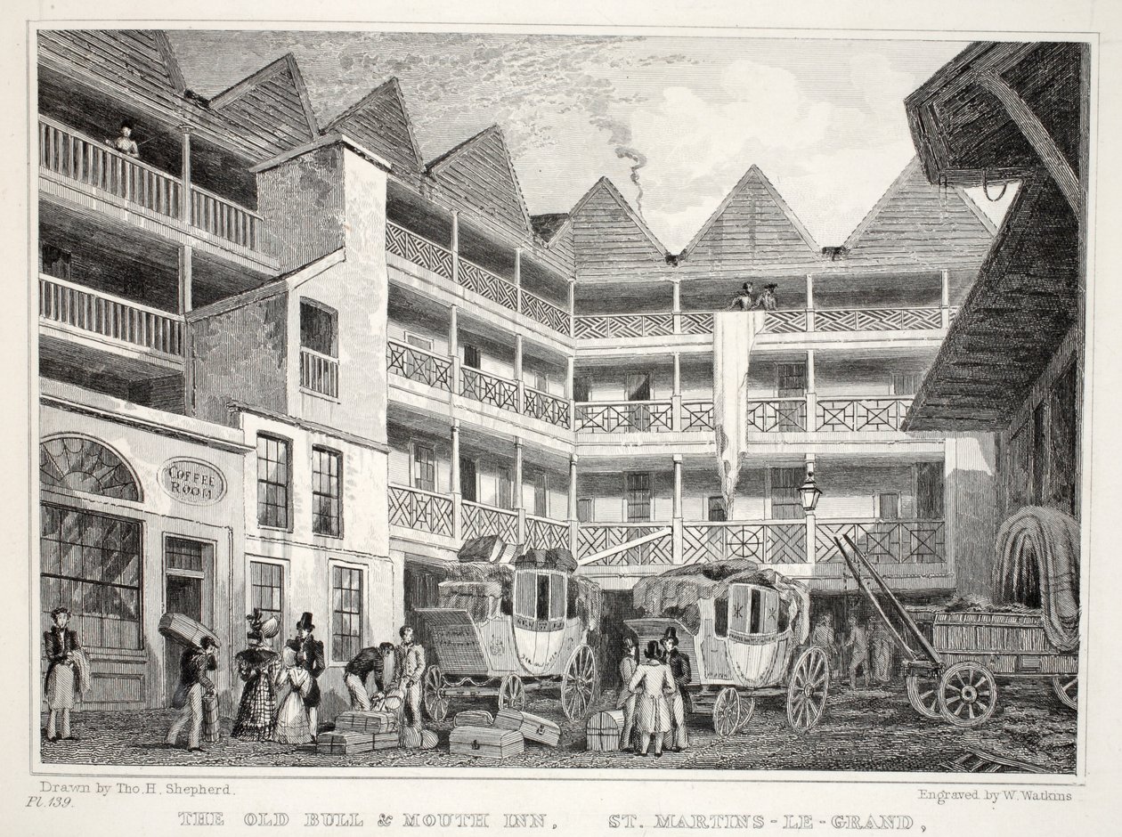 The Old Bull and Mouth Inn，St Martin&39;s le Grand，来自&39;伦敦及其十九世纪的环境&39;酒吧。 Jones und Co.，1827-1829 作者 托马斯·霍斯默牧羊人