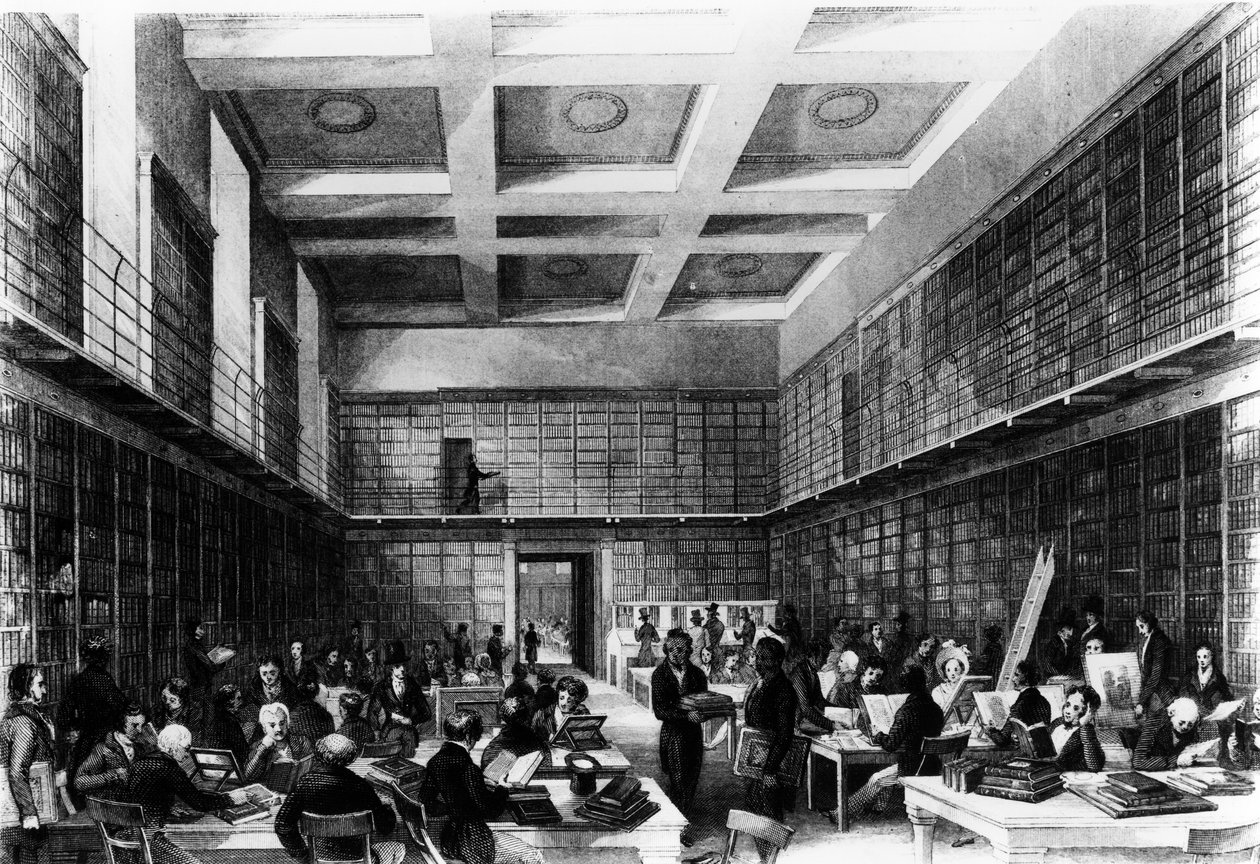 大英博物馆第六阅览室，1841年出版于“伦敦室内设计”（雕刻） 作者 托马斯·霍斯默牧羊人