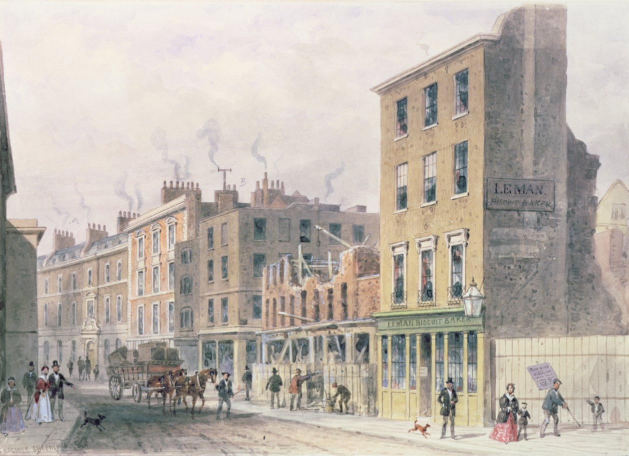 Threadneedle 街的景色，因改善而拆除，Merchant Taylors、Hall 或 Alderman Moon 印刷店位于芬奇巷拐角处 作者 托马斯·霍斯默牧羊人