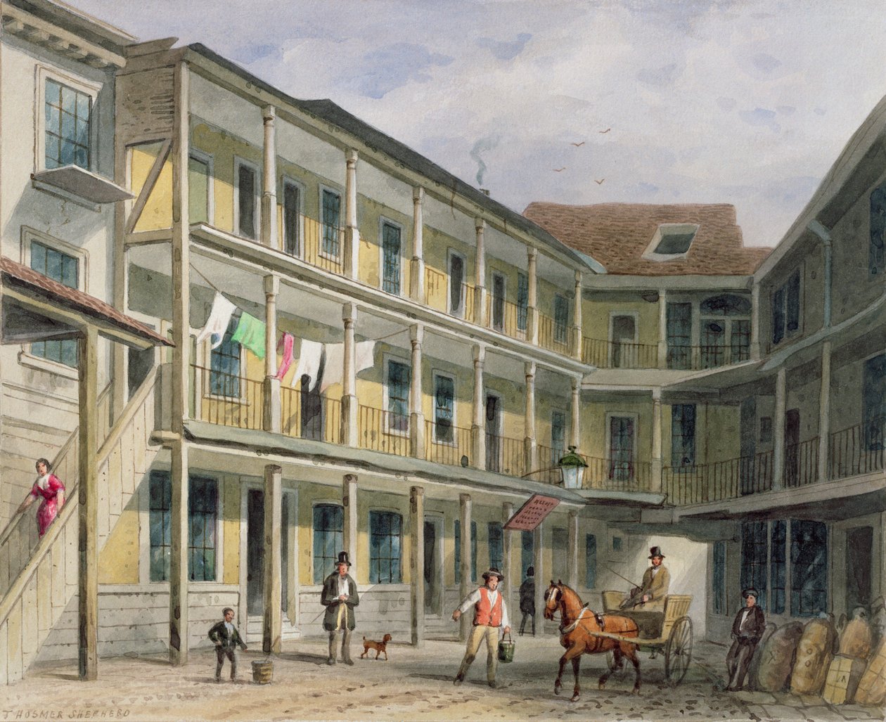 观看Blue Boar Inn码头，30号Aldgate，1850年 作者 托马斯·霍斯默牧羊人