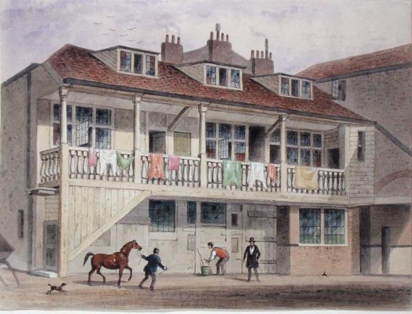 黑狮旅店的景色，Whitefriars街，约1855年（纸上水彩）。 作者 托马斯·霍斯默牧羊人
