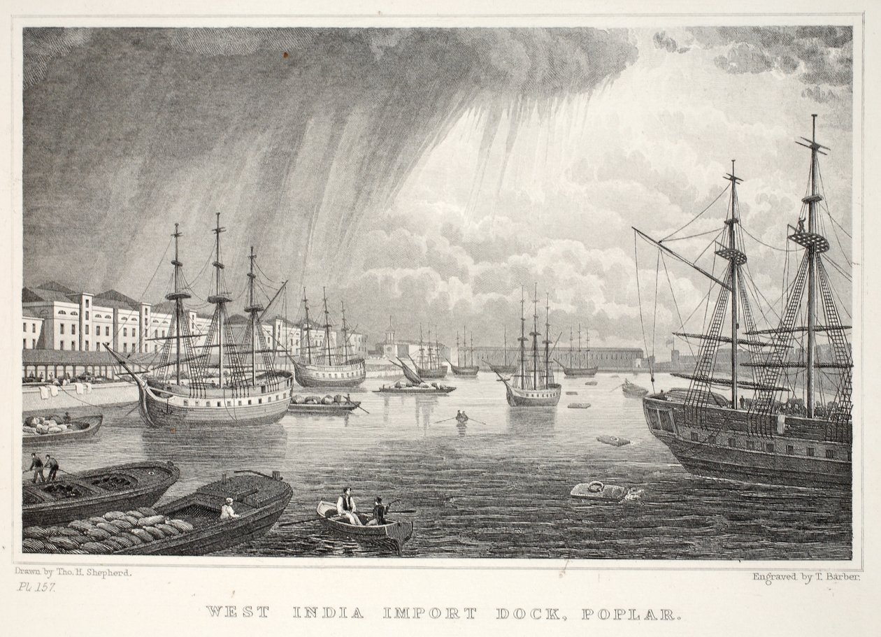 西印度码头，狗岛，来自伦敦及其位于十九世纪酒吧的环境。 Jones und Co.，1827-1829 作者 托马斯·霍斯默牧羊人
