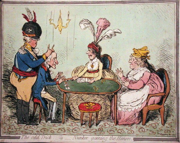 奇怪的把戏，或Nunkee获得的荣誉，由汉娜-汉弗莱于1796年出版（手绘蚀刻画）。 作者 托马斯·汉弗莱