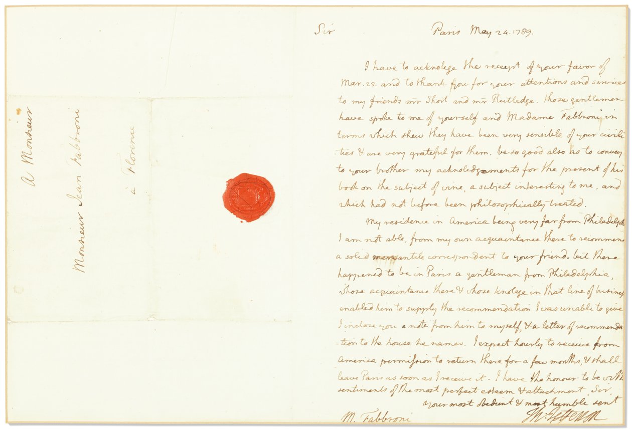 1789年5月24日，美国驻法国大使乔瓦尼·法布罗尼亲笔签名信 作者 托马斯·杰斐逊