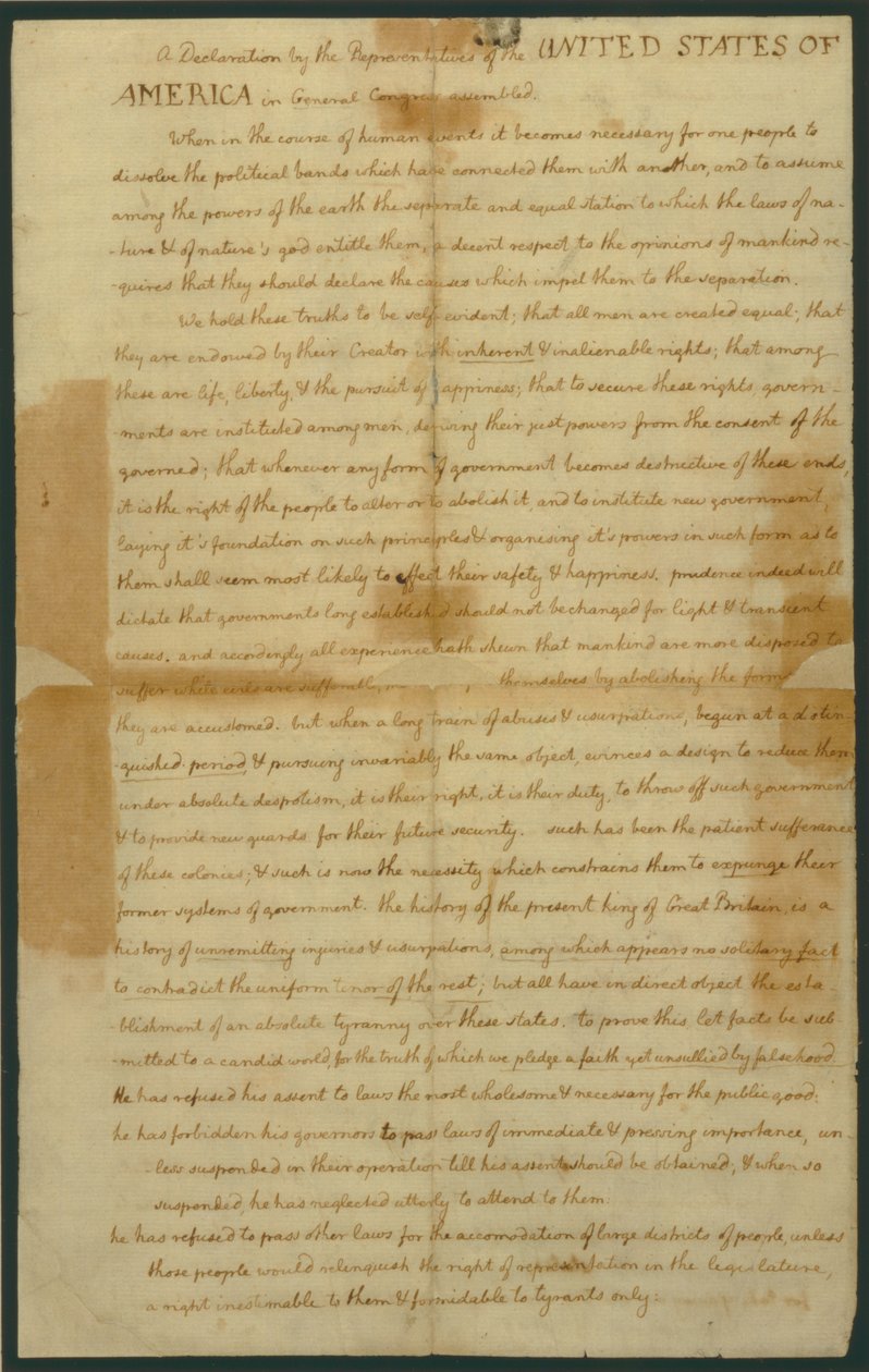 1776年7月4日独立宣言草案 作者 托马斯·杰斐逊