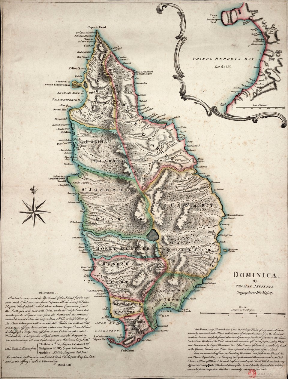 多米尼克彩色地图，附有详细的地理观测数据，约 1760 年（手工彩色雕刻） 作者 托马斯·杰弗里斯