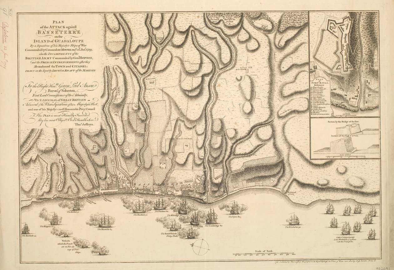 1759 年 1 月 22 日由海军准将穆尔指挥的英国皇家海军舰艇中队对瓜达尔卢普岛上的巴塞泰尔的进攻计划。 作者 托马斯·杰弗里斯