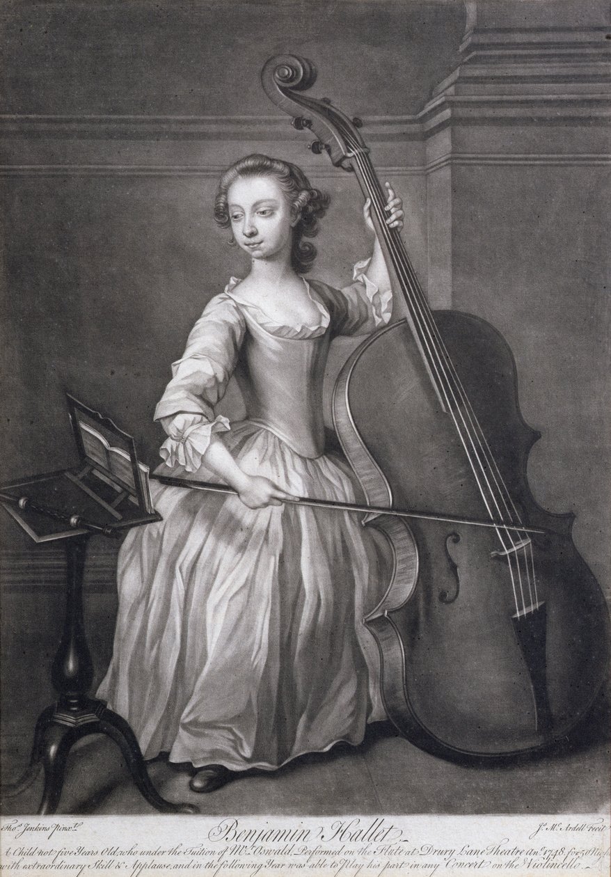 演奏violincello的Benjamin Hallet的肖像，由James McArdell雕刻（c.1729-65），c.1749 作者 托马斯·詹金斯