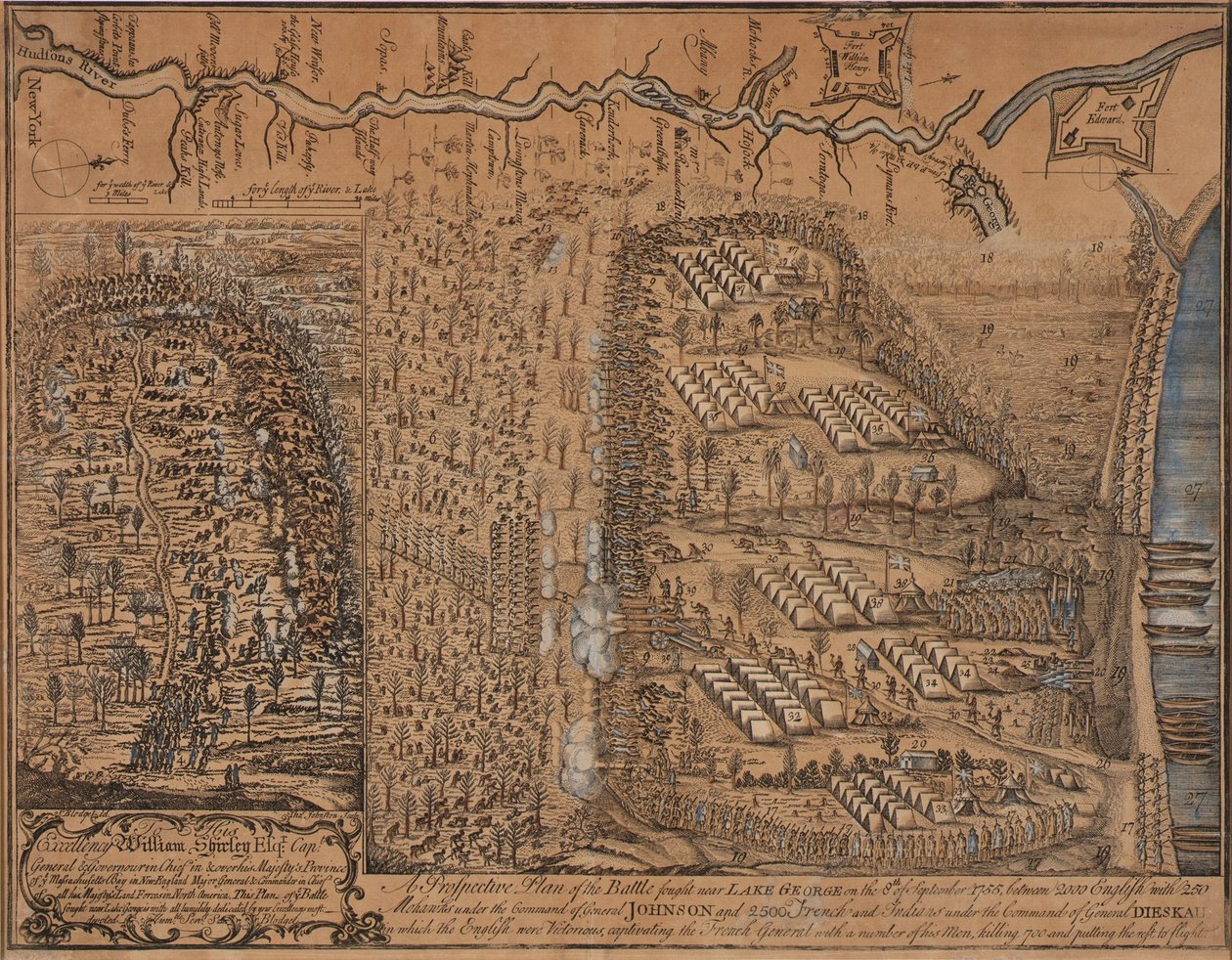 1755 年 9 月 8 日乔治湖附近战役的远景规划图 作者 托马斯·约翰斯顿