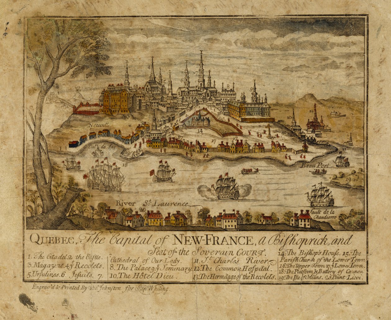 魁北克，新法国的首都，一个主教，和Soverain法院的席位，1759年（手工彩色雕刻） 作者 托马斯·约翰斯顿